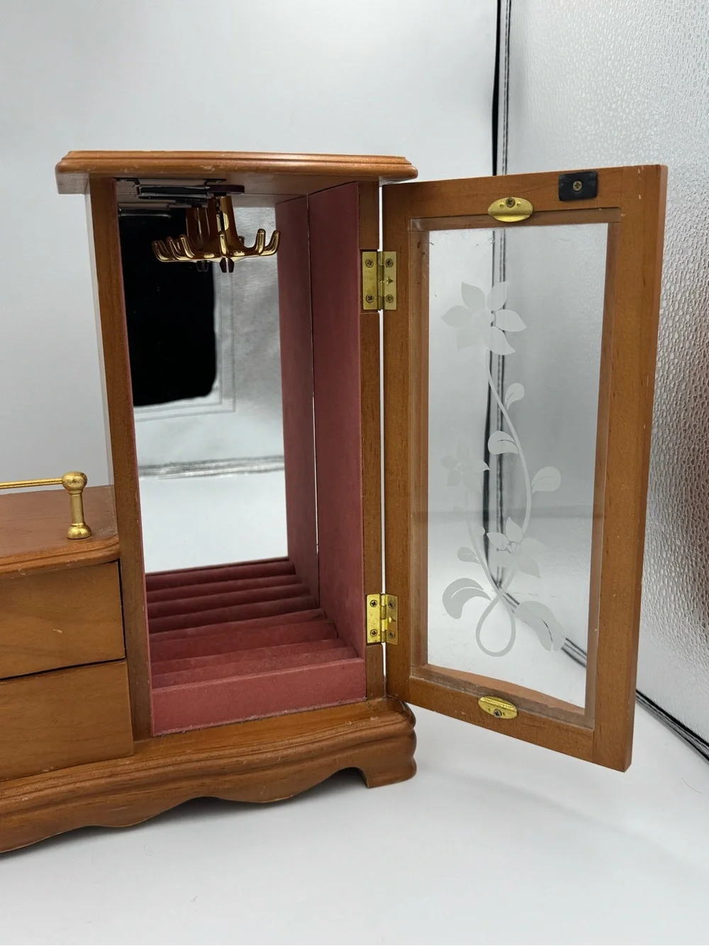 Vintage Musical Wooden Jewelry Box Armoire‎ Etched Glass Door w 2 Drawers
